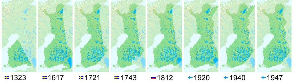 Suomalaisten asuttamien alueiden muutoksia Ruotsi- Venäjä- NL- Suomi Suurvaltasodat- verotus-elinkeinorajoitukset Saimaan kanava ja Lahti-Pietari rata-