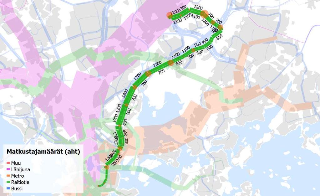 Raitiotielinjan pituus Rakennettava rataosuus Keskinopeus * Pysäkkiväli koko linjalla ** Nykyiset asukkaat uuden osuuden varrella (800 m linnuntie-etäisyys) Asukkaat 2050 uuden osuuden varrella (800