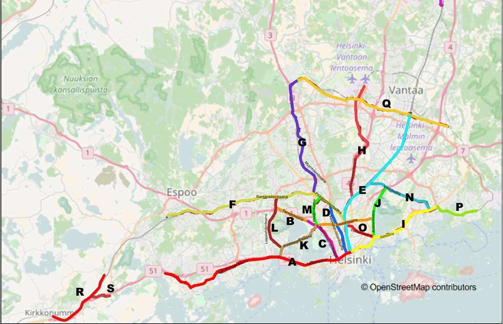 Vuosaarenbaana Q Kivistö-Tikkurila-Hakunila R Keskusta-Jorvas-Masala Kirkkonummen keskusta-jorvas-masala S Jorvas - Kehä III T Kilta - Saviontaival U