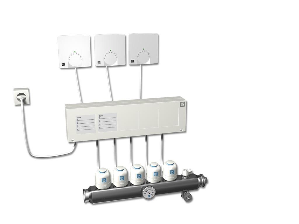 Huonetermostaatit ja toimilaitteet kytketään LK Kytkentärasiaan. LK Huonetermostaatti S2 Järjestelmän langattomassa versiossa, LK Huonesäätö ICS.