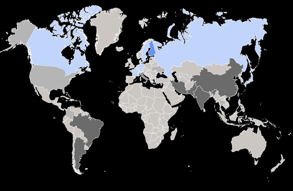 Japani 42 600 / 314 Kolumbia 556 000 / 790 Italia 1 001 614/ 959 Iran 4 000 000 / 2 380 Intia 3 045 000 / 1 233 Kiina 5 000 000 / 7 950 Thaimaa 474