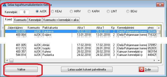 18 Kokeen valitseminen kalenterista Ei edes yritetä syöttää kokeen tietoja ennenkuin on valittu koe tapahtumakalenterista, josta saadaan tarpeelliset kokeen perustiedot valmiina.