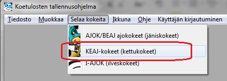 23 6. Ketunajokokeet (KEAJ) Valitaan toiminnoksi KEAJ-kokeet. Listalla näkyy kuvassa vain ajokokeet, koska ohjelman asetuksissa on määritelty muut koemuodot pois käytöstä.