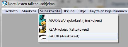24 7. Ilveksenajokokeet (I-AJOK) Ilveskokeiden kirjaaminen tulee valikon kautta mahdolliseksi, mikäli AJOK/BEAJ-kokeet on aktivoitu perusasetuksissa.