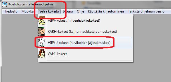 28 10. Hirvikoirien jäljestämiskoe (HIRV-J) HIRV-J -kokeiden kirjaaminen tulee valikon kautta mahdolliseksi, mikäli HIRV/KARH-kokeet on aktivoitu perusasetuksissa.