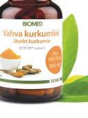 Biomedin Vahva Kurkumiini sisältää kurkuminoideja 86% ja lisäksi kurkuman omia eteerisiä öljyjä 9% jotka ratkaisevasti parantavat sen tehoa ja imeytyvyyttä.