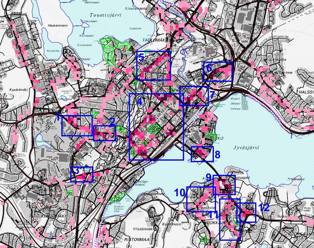 12 Kuva 2. Tieliikennemelun altistumistiheyksiä keskustan alueella ja ensivaiheessa valittuja meluntorjuntakohteita merkittynä sinisillä suorakulmioilla.
