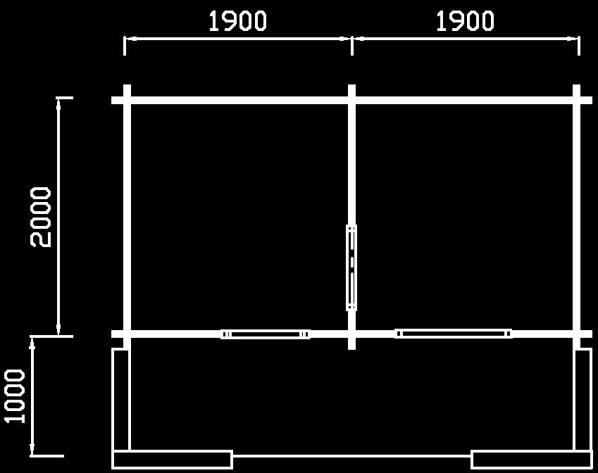Sauna 1-E 3800mm x 2000mm / 44 mm + 1000mm kuisti / veranda Ehdotus pilariperustukseksi Förslag till pelargrund Huom!
