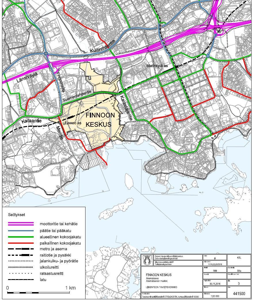 Liittyminen liikenneverkkoon Alueen pää- ja kokoojakatuverkko täydentyy: Finnoonsilta-kadun jatke Länsiväylältä Finnoon keskukseen Kaitaantien ja Suomenlahdentien jatkeet muodostavat itä-länsi