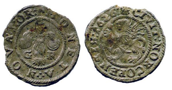Kotkasta löytynyt Kustaa II Aadolfin äyri, 1626. Norrköpingissä lyöty raha on huomattavasti harvinaisempi kuin Tukholmassa vuosina 1613 1625 lyödyt äyrit.