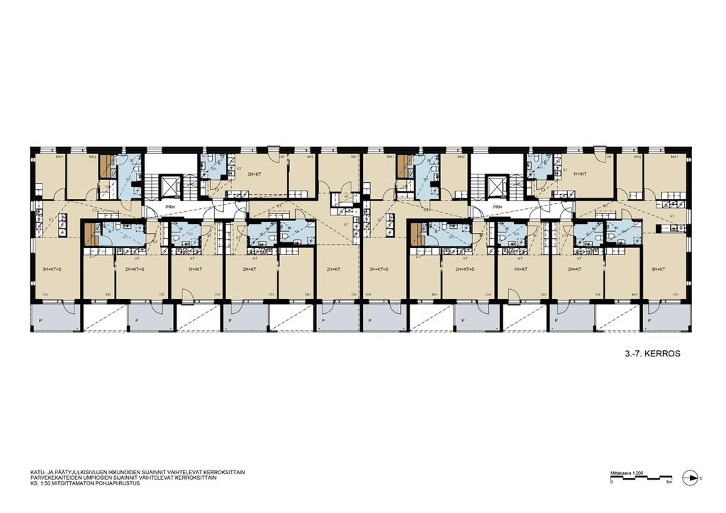 3. 7. KERROS 17 1:200 Mittakaava 1:200 5 m A-porras B-porras 26,0 m² 34,5 m²