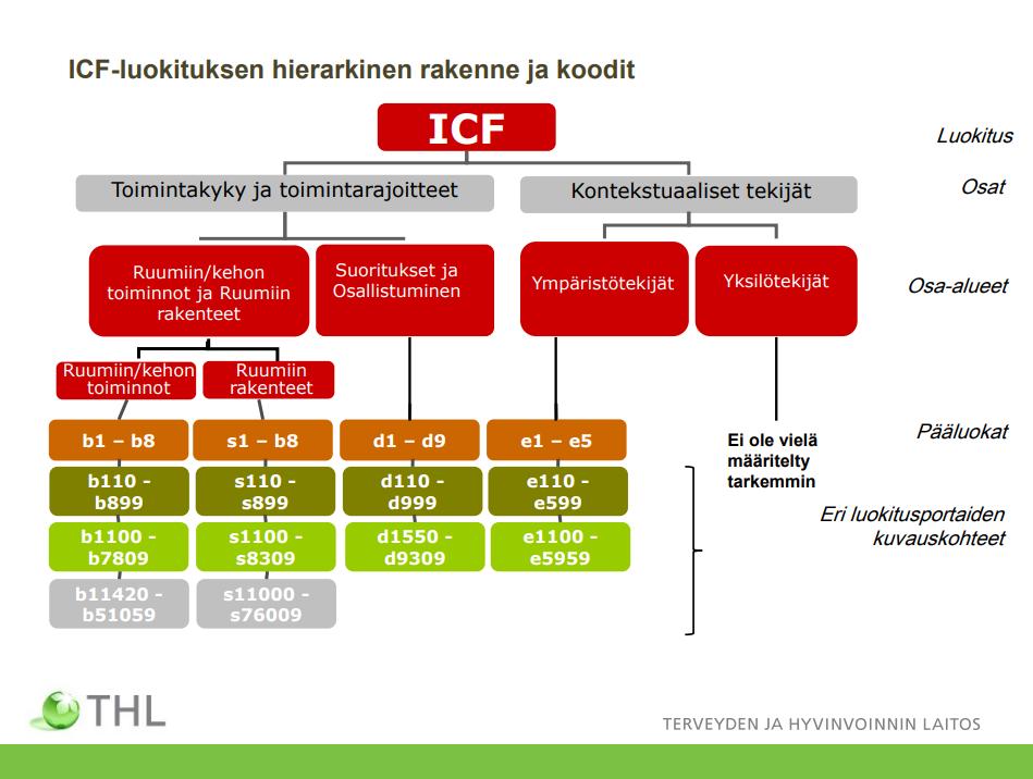 ICF-luokituksen rakenne, koodit ja tarkenteet ICF-luokituksen rakenne https://thl.