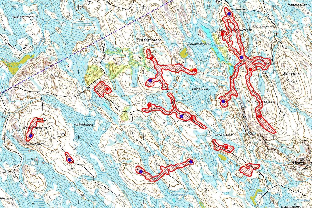 Juuka Tynnyrivaara, tuulipuiston osayleiskaava-alueen arkeologinen inventointi 2014 6 Kartta 4. Maastossa tarkastetut alueet.