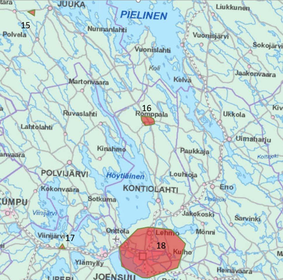 Puun varastointitarpeet Pohjois-Karjala 15. Terminaalin tarve alueella, Juuka 16. Risteyskohta Enocellin tehtaalle ja etelän suuntaan suuntautuviin kuljetuksiin.