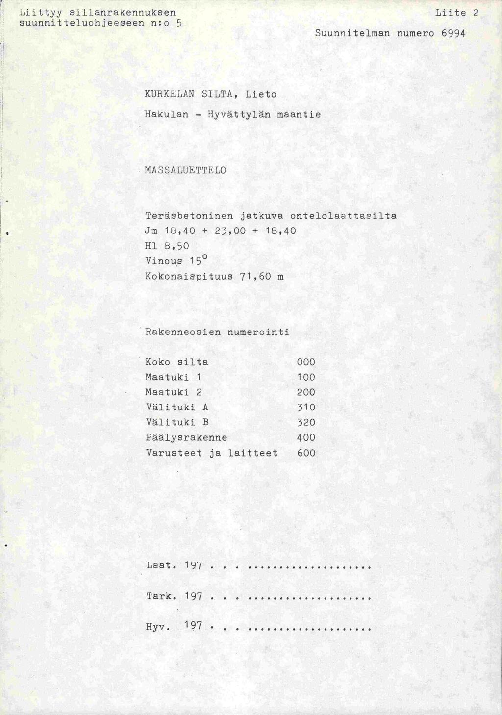 Liittyy iitanrakennuksen Liite 2 suunnitteluohjeeseen n:o 5 Suunnitelman numero 6994 KURKEJJAN SILTA, Lieto }iakulan Hyvättylän maantie M A S S A LUETTELO Teräsbetoninen jatkuva ontelolaattasilta Jm