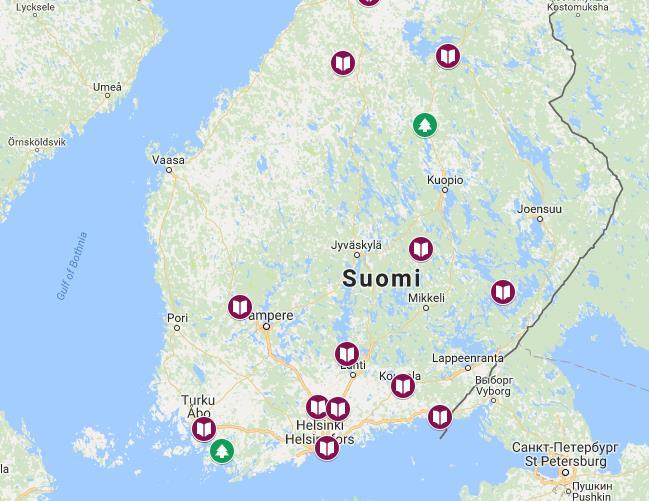Liite 1 Karttaan on merkitty luonto- ja ympäristöalan perustutkinto- ja luonnontuotealan ammattitutkintokoulutusta
