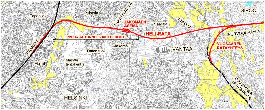 YHTEENVETO SELVITYKSISTÄ HELI-yleissuunnitelma (1982) Ratalinjausvaraus erkanee pääradasta Tapanilassa ja sijoittuu Helsingin rajalta Porvooseen lähelle E18-moottoritien maastokäytävää.