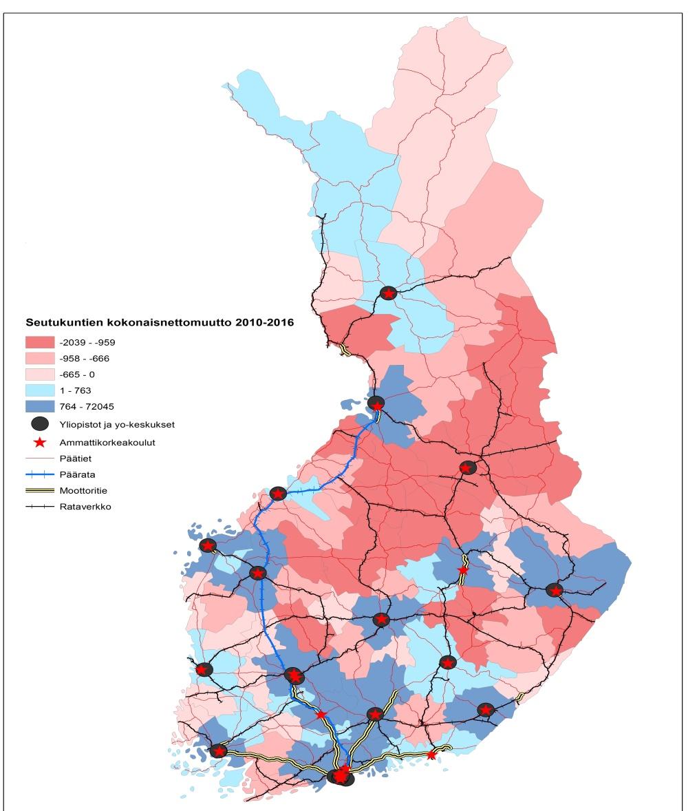 Aluekehityksen pyhä kolminaisuus Kartta kuvaa 70 kaupunkiseudun kokonaisnettomuuttoa vuosina 2010-2016 1. Muuttoliikkeen 2. Liikenneyhteyksien 3. Korkeakoulujen sijainnin näkökulmasta.