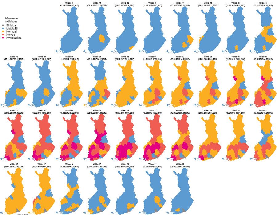 Influenssakausi Suomessa, viikot 40/2017 20/2018 Kuva 7. Influenssaepidemian viikoittainen eteneminen sairaanhoitopiireittäin, influenssakausi 2017 2018.