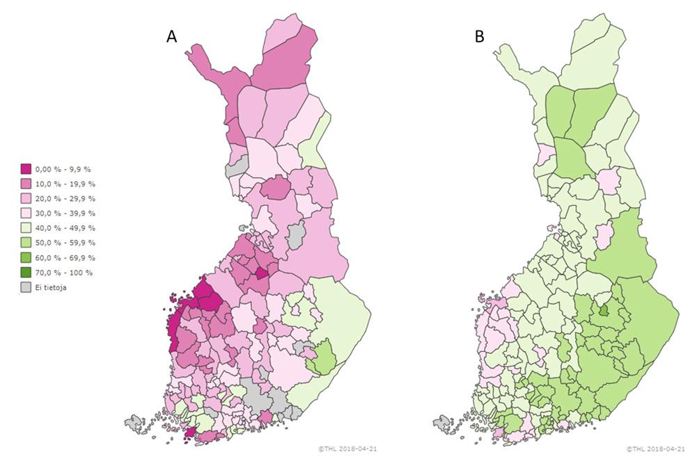 Kuva 21. Valtakunnalliseen rokotusrekisteriin 28.4.2018 mennessä raportoidut alueelliset influenssarokotusten kattavuudet 6 35 kuukauden ikäisillä lapsilla ( A ) sekä 65 vuotta täyttäneillä ( B ).