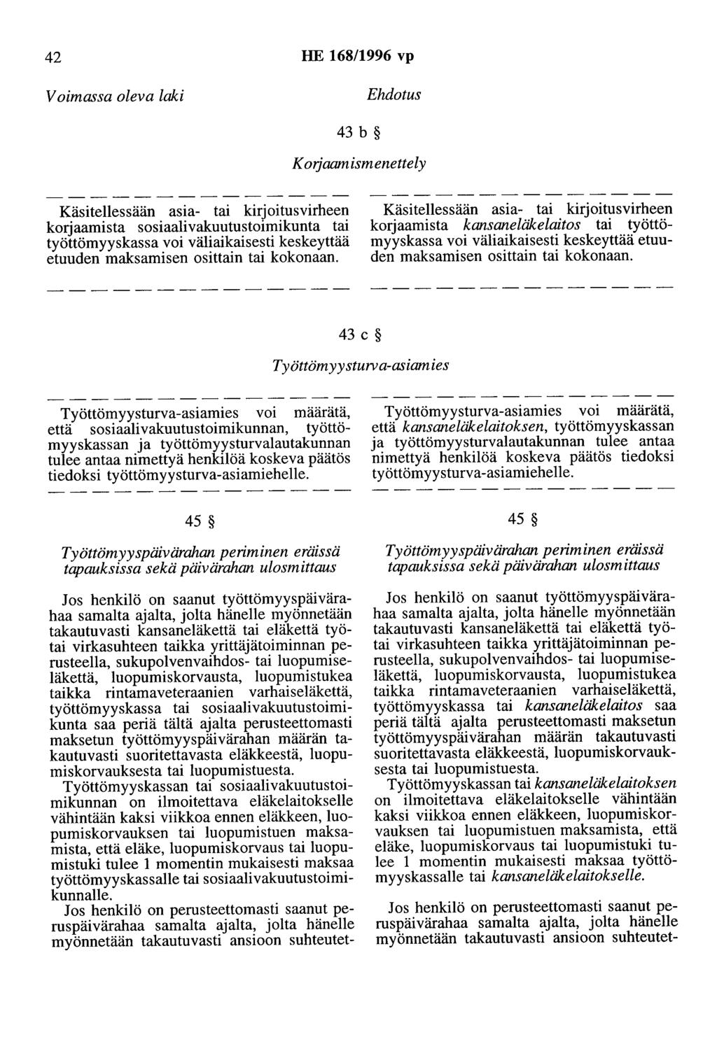 42 HE 168/1996 vp 43 b K orjaam ismenettely Käsitellessään asia- tai kirjoitusvirheen korjaamista sosiaalivakuutustoimikunta tai työttömyyskassa voi väliaikaisesti keskeyttää etuuden maksamisen