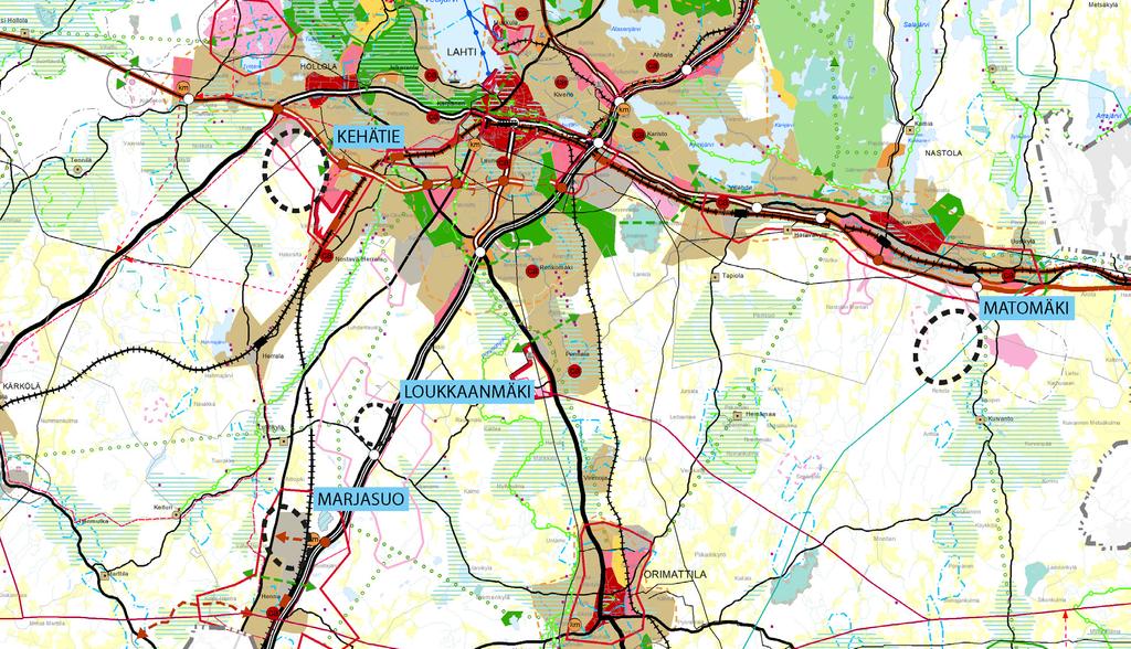 Kuva: Kartta Lahden seudulla tutkittavista jätteenkäsittelyalueen (Lahden seudun Kierrätyspuiston) sijaintivaihtoehdoista Päijät-Hämeen maakuntakaavan 2014 päällä esitettynä Suunnittelun lähtökohdat