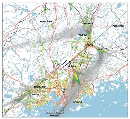 Ilmatilan hallinta ja lentoreitit 6.5 Lentoreittien esittäminen tiheyskarttoina Lentoreittien toteumaa kuvaavat parhaiten ns.