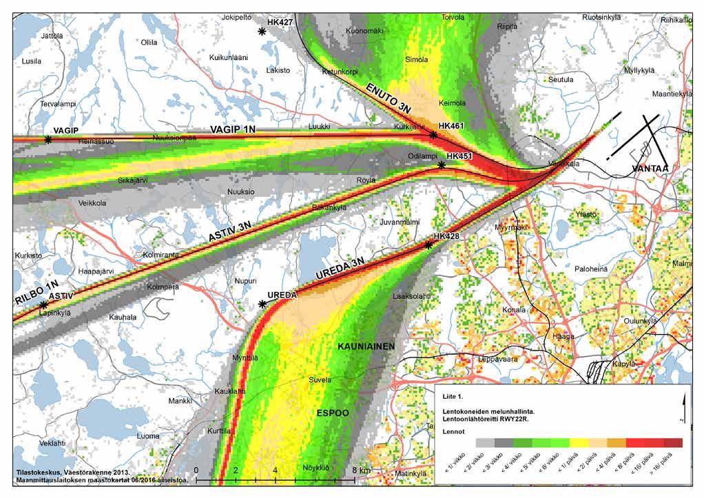 LIITE 1: LENTOKONEIDEN MELUNHALLINTA Lentoonlähtöreitit, 22R ENUTO 3N: Kiitotien suuntaisesti lennetyn osuuden jälkeen, lentokorkeudesta 730 ft MSL, lentokone kaartaa ensimmäiselle reittipisteelle