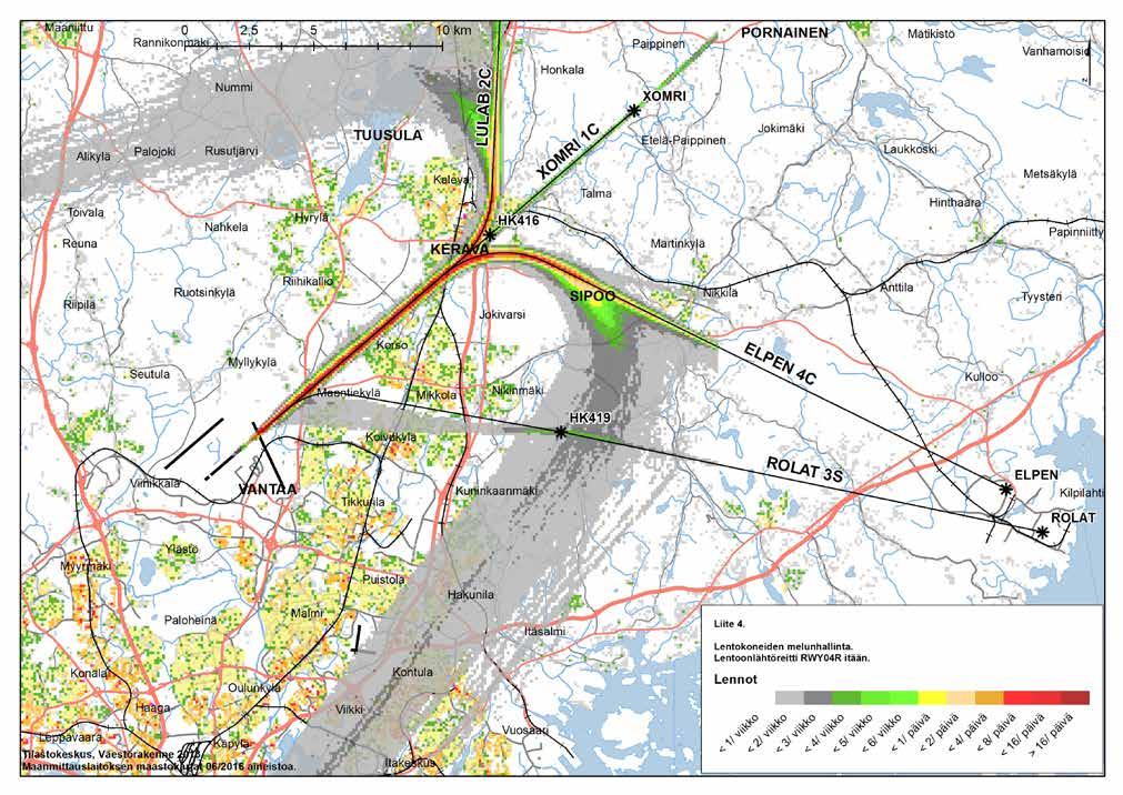 LIITE 4: LENTOKONEIDEN MELUNHALLINTA Lentoonlähtöreitit, 04R etelään ja itään XOMRI 1C: Reitin ensimmäinen reittipiste HK416 sijaitsee Lahden moottoritien päällä Keravan keskustan itäpuolella.