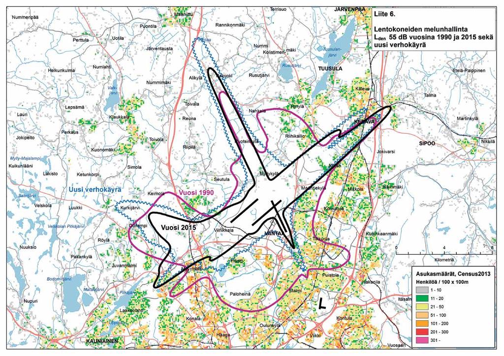 LIITE 6: LENTOKONEIDEN MELUNHALLINTA L den 55 db vuosina 1990 ja 2015 sekä