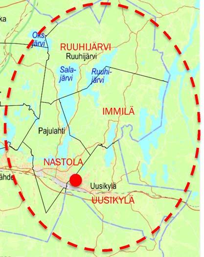 RUUHIJÄRVI IMMILÄ NASTOLA UUSIKYLÄ Rakokiven liikekeskuksen vaikutusalue.
