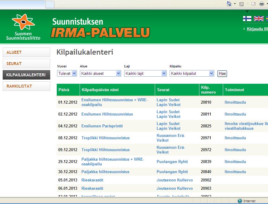 PUSU 2/2012 Kilpailuihin ilmoittautuminen muuttuu Suunnistuskilpailujen ilmoittautumiset tehdään nykyisin Suomen Suunnistusliiton Irmatietojärjestelmän kautta.