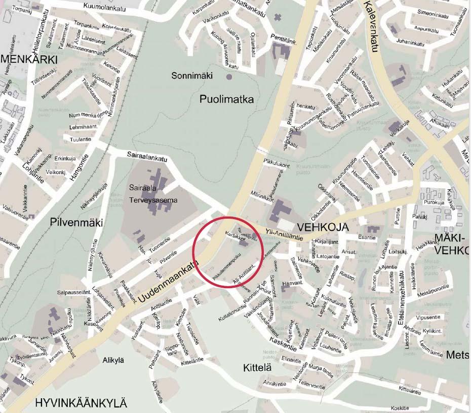 Asemaaavan selostus 15.12.2017 17:037 1.5 Kaava-alueen sijainti Suunnittelualue sijaitsee 17. eli Hyvinäänylän aupunginosassa aivan Vehojan alueesusen eteläpuolella. Kesustaan on mataa noin 3 m.