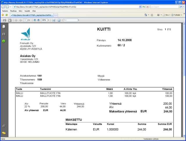 Kuitti tulostetaan oletuksena näytölle PDF formaatissa josta se voidaan jatkokäsitellä