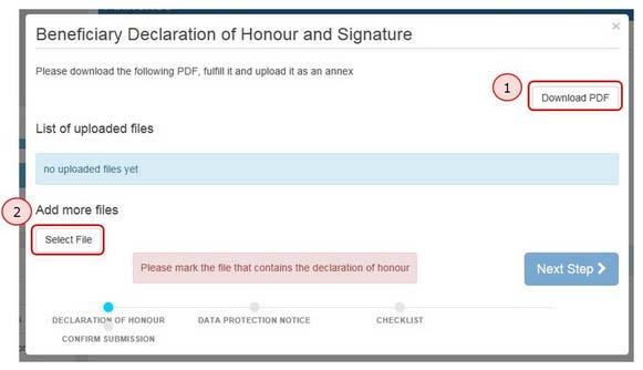 Lataa ja tulosta laillisen edustajan allekirjoitus "Beneficiary Declaration of Honour and Signature ja 2.