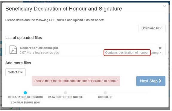 "Start Submission Process 2/3 1. Päästäksesi jatkamaan, klikkaa Contains declaration of honour -linkkiä 2.