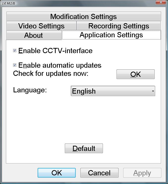 6.2 Sovelluksen asetukset (Application Settings) CCTV-käyttöliittymä (Enable CCTV interface): Tämän ominaisuuden ottaminen käyttöön mahdollistaa työskentelyn yhdessä MLS ja näytönsuurennusohjelman
