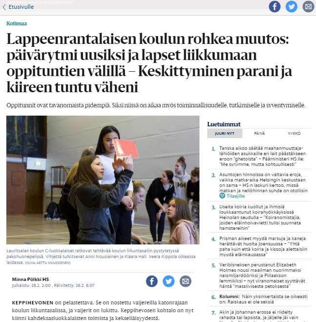 Helsingin Sanomat 26.2.2018 Uuden opetussuunnitelman perusteissa puhutaan laaja-alaisesta oppimisesta, oppilaiden aktiivisuudesta ja osallisuudesta.