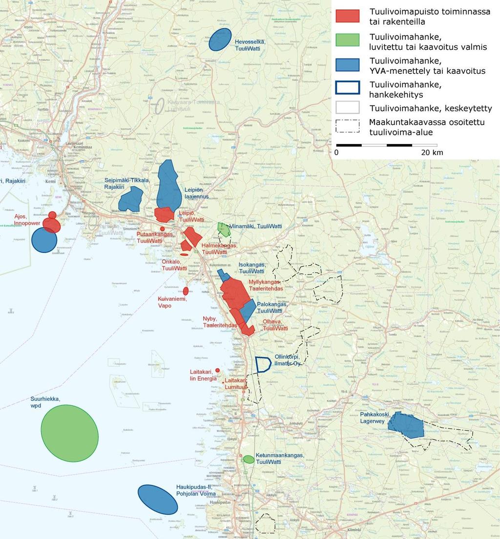 Iin Palokankaan tuulivoimapuisto 12 (52) Hanke Voimalat Tila Etäisyys Suunta Simon Karsikon tuulivoimapuisto 5 YVA päättynyt, kaavoitus ei 33 km lounas käynnistynyt Iin Pahkakosken tuulivoimapuisto