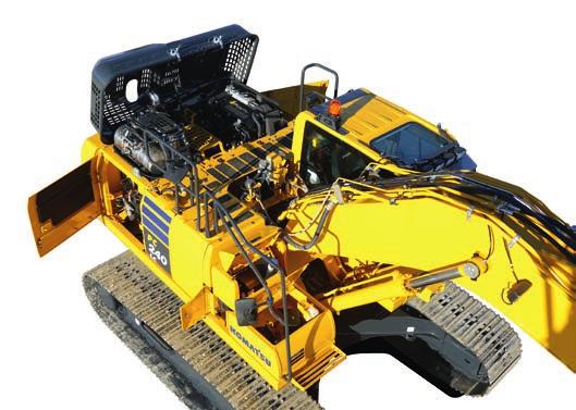 Kunnossapito helppoa Näyttöpaneelin kunnossapitonäyttö Keskitetyt huoltokohteet Komatsu suunnitteli PC240LC/NLC-11 koneeseen keskitetyt ja hyvin sijoitetut huoltokohteet tarvittavien tarkistusten ja
