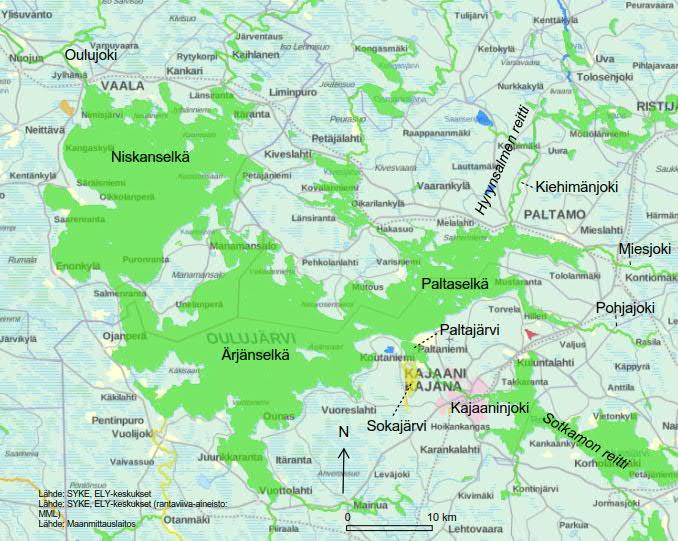 Kuva 7-1. Oulujärven ja sen ympäristön vesistöjen ekologinen tila (ympäristökarttapalvelu Karpalo 30.3.2016).