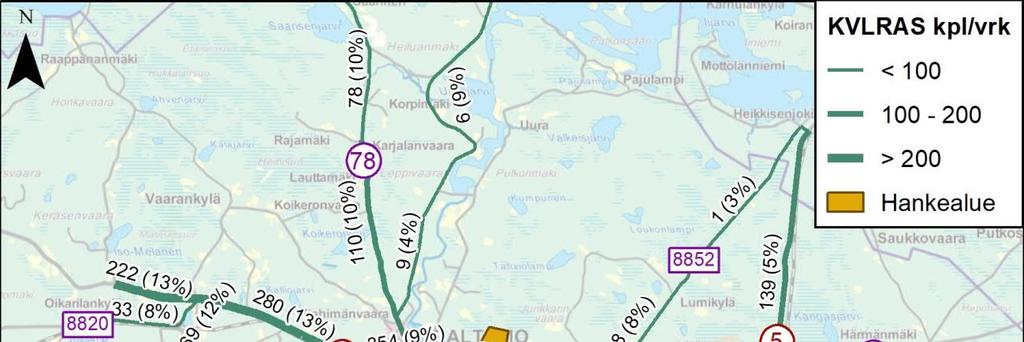 Kuva 9-1. Liikennemäärät vuonna 2016 (KVL: keskimääräinen vuorokausiliikenne). Ylempi kuva: kaikki liikenne, alempi kuva: raskas liikenne.