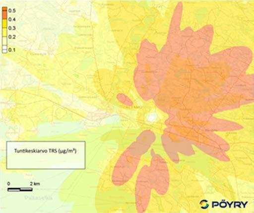 Pelkistyneiden rikkiyhdisteiden (TRS) korkein tuntikeskiarvopitoisuus (µg/m 3 ) vaihtoehdoissa VE3.