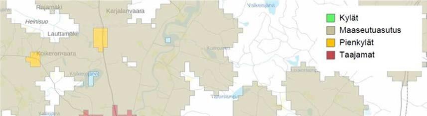 Kuva 18-5. Yhdyskuntarakenteen seuranta-aineiston mukaan hankealue osin kuuluu maaseutuasutuksen alueeseen ja osin luokittelemattomaan alueeseen.