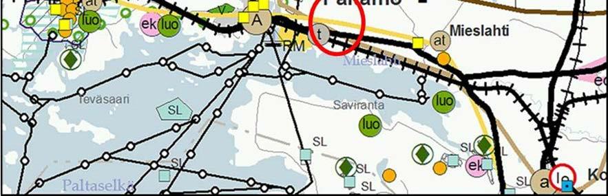 Hankealueen lounaisosaan on osoitettu teollisuus- ja varastoalueen kohdemerkintä (t), jolla osoitetaan seudullisesti merkittäviä, taajamarajausten ulkopuolella sijaitsevia teollisuus- tai
