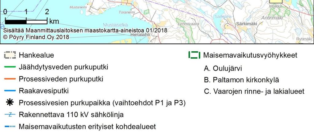 Rakenteet näkyvät maisemassa pitkälle mikäli katseen suunnassa ei ole näkemää rajoittavia rakennuksia