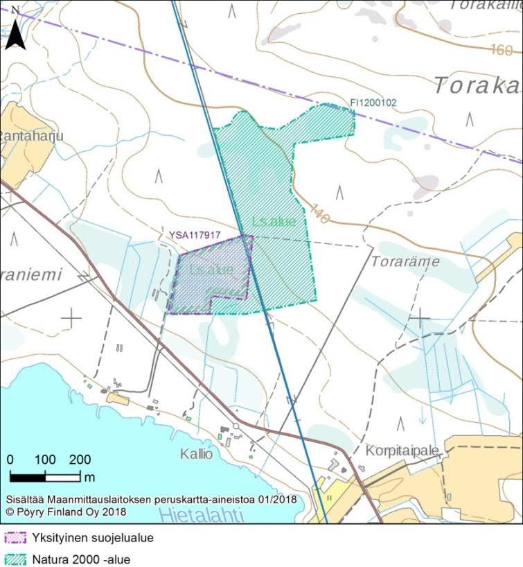 Natura 2000-alueet ja luonnonsuojelualueet Olemassa olevan voimajohdon alueelle sijoittuu Lehmivaaran ja Torakankaan lehdot ja suot (FI1200102, SAC, 39 ha) Natura 2000-alue.