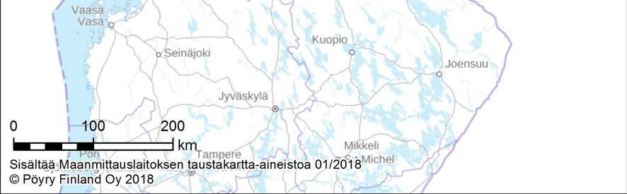 Kuva 3-8. Biojalostamon todennäköinen raaka-aineen hankinta-alue (vihreä, 100 km vyöhyke tehdasalueesta).