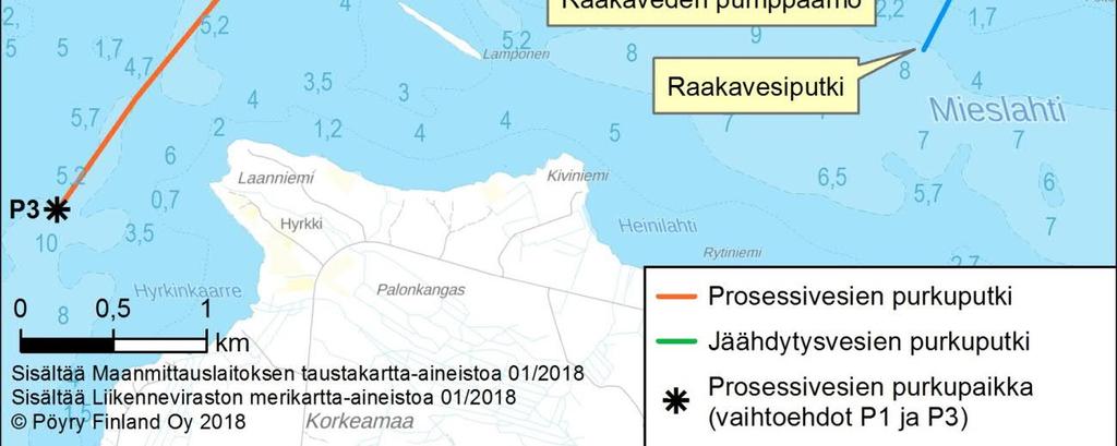 Reitti joesta tapahtuvalle vedenottopaikalle myös on pidempi ja teknisesti vaikea järjestää. Mieslahden rannalla pumppaamo voitaisiin sijoittaa tehtaan hallinnassa olevalle tontille. Kuva 3-9.