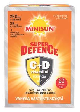 TASARAHAEDUT MINISUN SUPER DEFENCE 60 purutabl. Vahvaa vastustuskykyä! Sitruuna-lakritsin makuinen purutabletti sisältää C- ja D-vitamiinia sekä sinkkiä ja auringonhattu-uutetta. 60 tabl.
